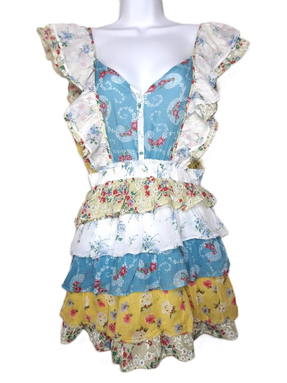 LoveShackFancy Mixed Print Floral Milkmaid Mini Dress XS Tiered Boho Festival